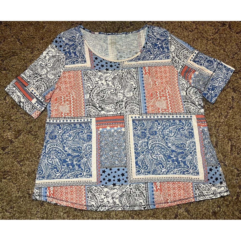 Cato Shirt Womens XL Blue Red Paisley Bandana All Over Print‎ Short Sleeve Top